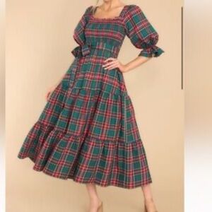 Women’s L Red/Green Holiday Plaid Maxi Smocked Ruffle Tiered Puff Sleeve Dress